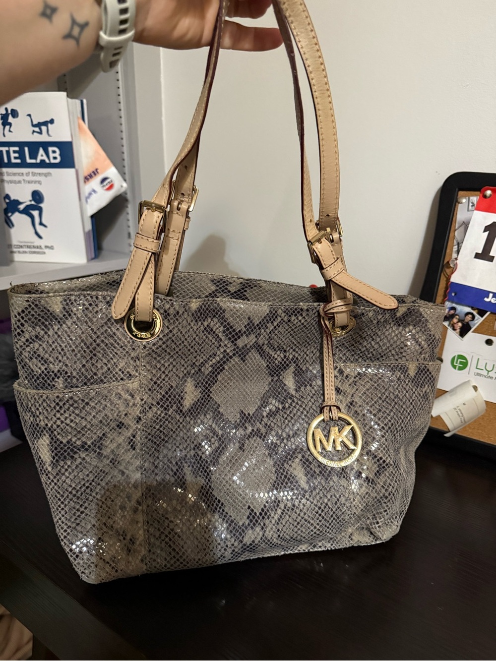 Michael Kors Snake-Print Tote in Taupe and Tan with Gold Hardware. Used twice.